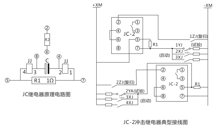 JC-2沖擊繼電器內部接線及外引接線圖 JC-2沖擊繼電器內部接線及外引接線圖