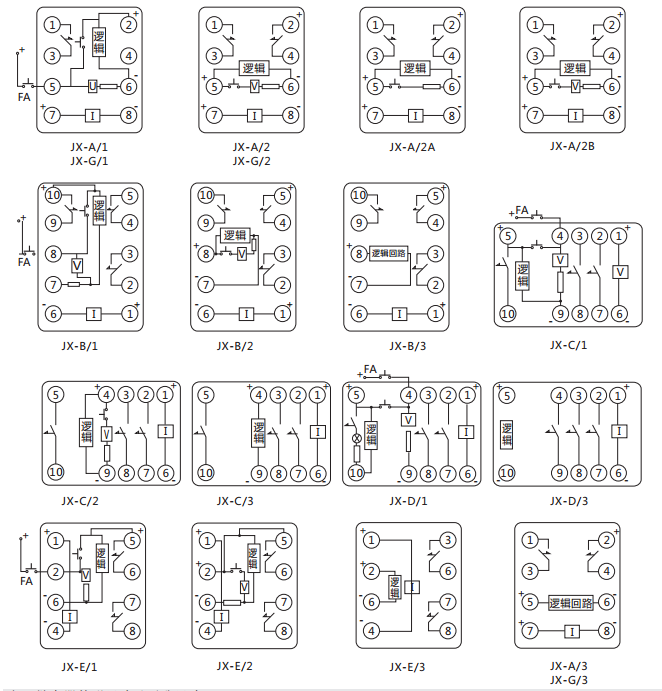 JX-E/1靜態信號繼電器內部接線及外引接線圖（正視圖）