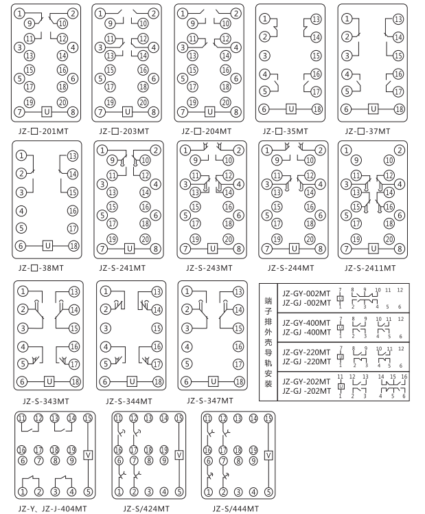 JZ-Y(J)-404MT跳位、合位、電源監視中間繼電器內部接線圖 JZ-Y(J)-404MT跳位、合位、電源監視中間繼電器內部接線圖