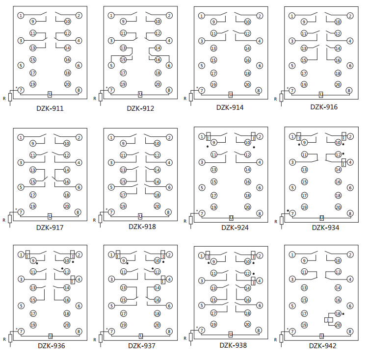 DZK-938快速中間繼電器內線接線及外引接線圖(正視圖) DZK-938快速中間繼電器內線接線及外引接線圖(正視圖)